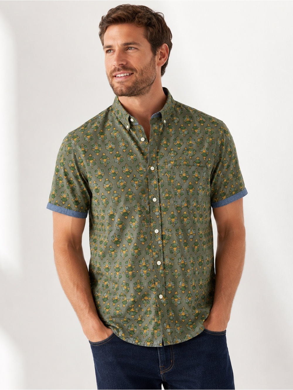 JACHS New York Men’s Olive Floral Short Sleeve Button-Up Shirt